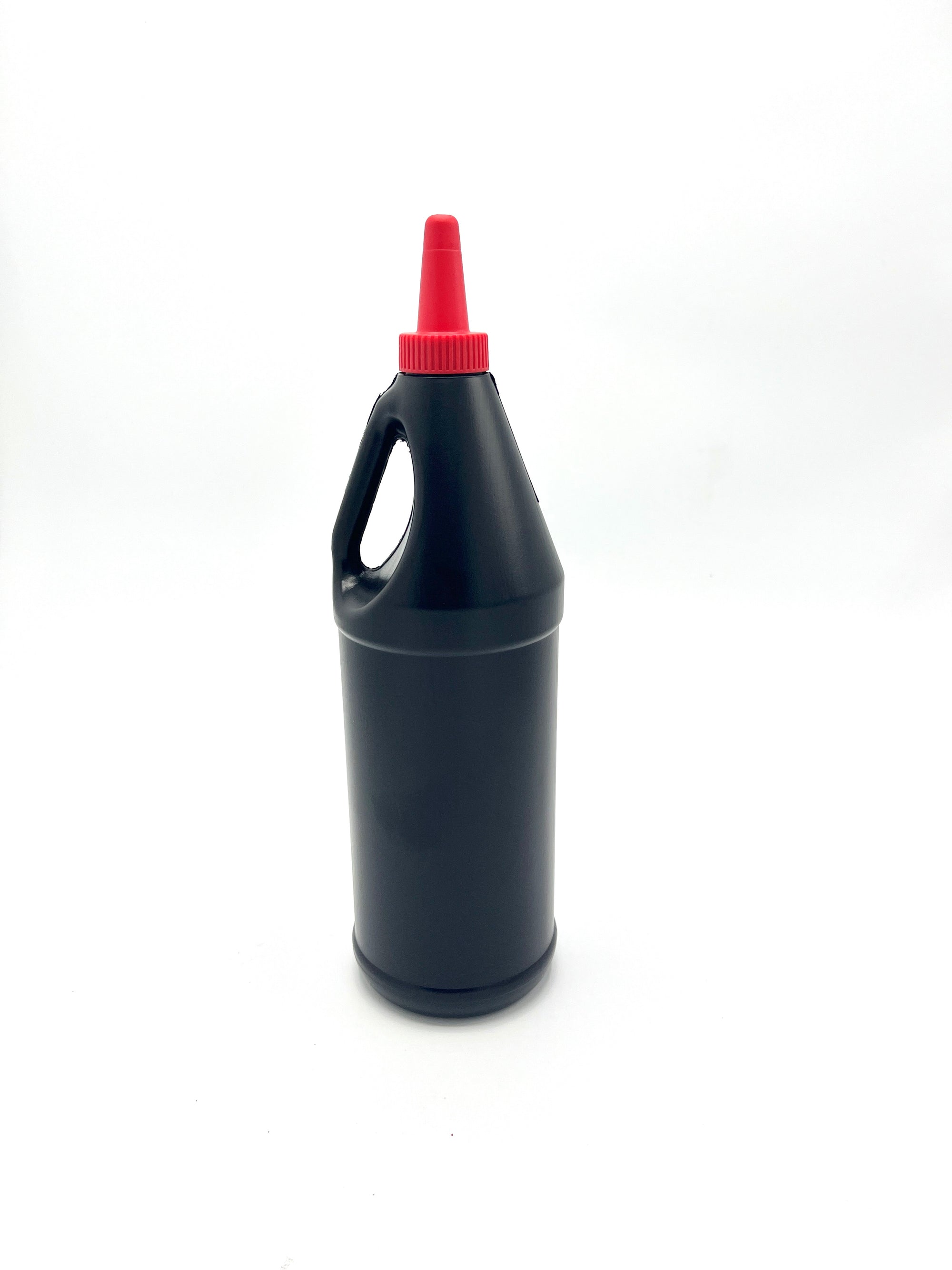 32oz Black HDPE Industrial Round Grab-N-Go Jug with Red No Hole Spout Cap